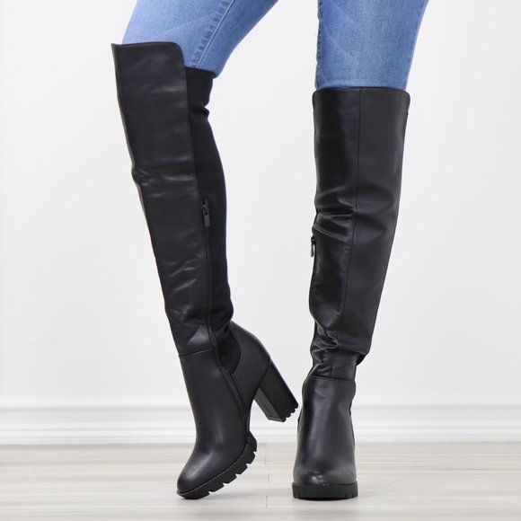 Black Faux Leather Round Toe Thigh High Over The Knee Lug Block Heel Boots - Picture 13 of 15